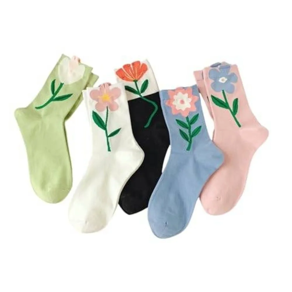 5 Pair Floral Embroidered Crew‎ Socks Set Pastel Cottagecore Flower Tulip Socks